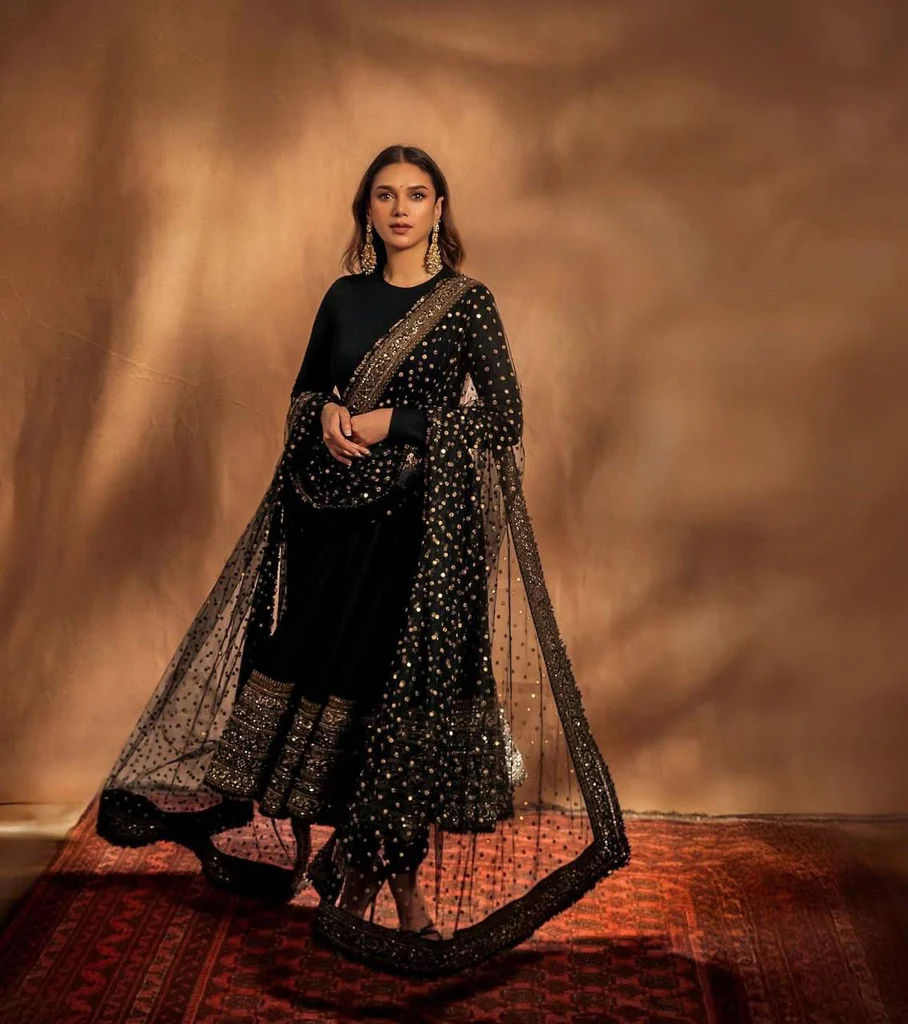 elegant black embroidered georgette gown